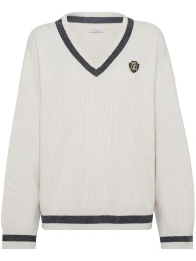 Brunello Cucinelli Cashmere V-necked Sweater In White