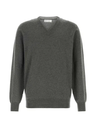 Brunello Cucinelli Cashmere V Neck Sweater Long Sleeves In Gray