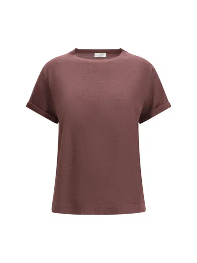 Brunello Cucinelli Cashmere With Glitter Finish T-shirt In Burgundy