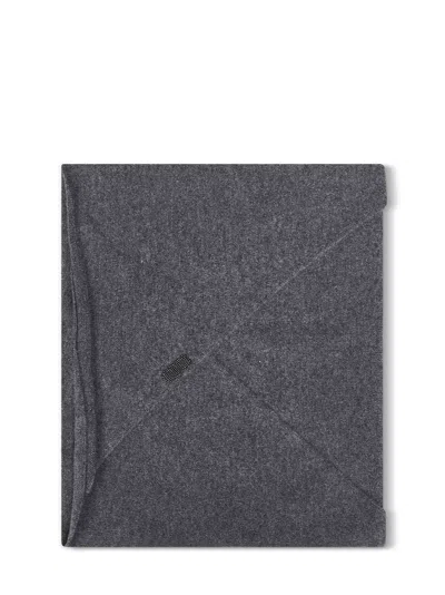 Brunello Cucinelli Cashmere With Monili Embroidery Scarf In Gray