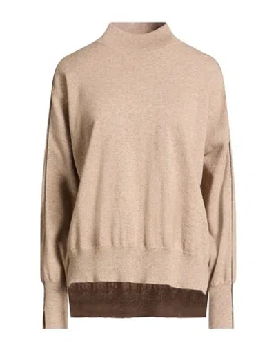 Brunello Cucinelli Cashmere Woman Turtleneck Sand Size L Cashmere, Ecobrass In Brown