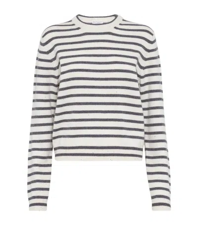 Brunello Cucinelli Cashmere Blend Striped Sweater With Paillette Detail In Beige