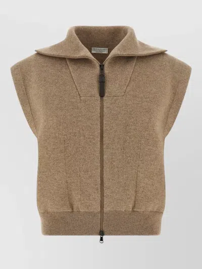 Brunello Cucinelli Beige Knitted Shirt Collar Sweater In Neutral