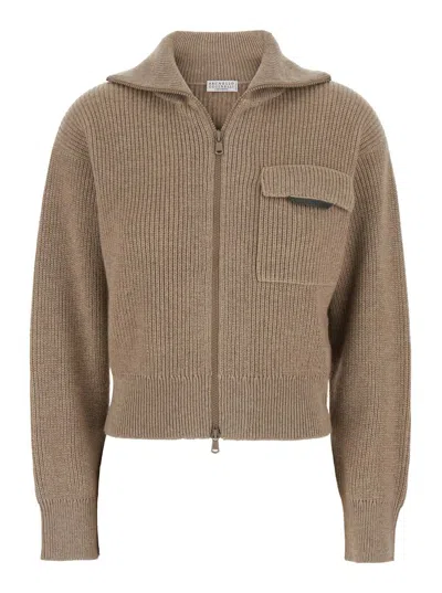 BRUNELLO CUCINELLI BEIGE CARDIGAN WITH SPREAD COLLAR AND MONIL DETAIL ON THE FRONT IN CASHMERE WOMAN