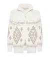 Brunello Cucinelli Men Geometric Jacquard Cashmere Feather Cardigan With Shawl Collar In White