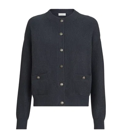 Brunello Cucinelli Sparkling Cashmere English Rib Cardigan In Blue