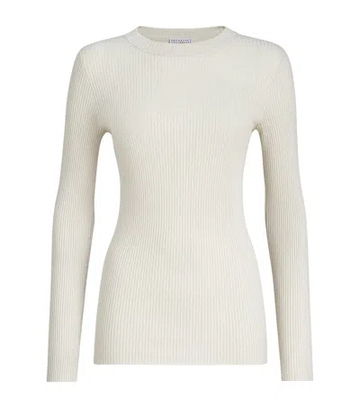 Brunello Cucinelli Cashmere-blend Ribbed Sparkle Sweater In White