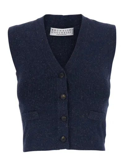 Brunello Cucinelli Cashmere-blend V-neck Vest With Front Button Closure And Flap Pockets In Multi