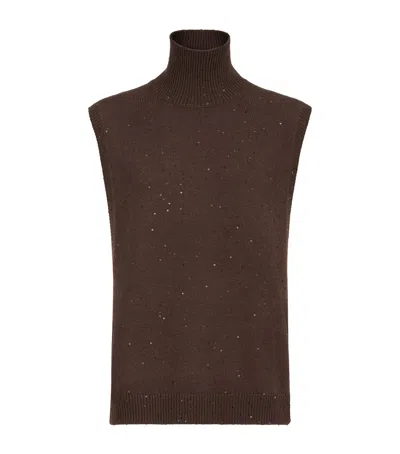 Brunello Cucinelli Cashmere-silk Embellished Sweater Vest In Brown