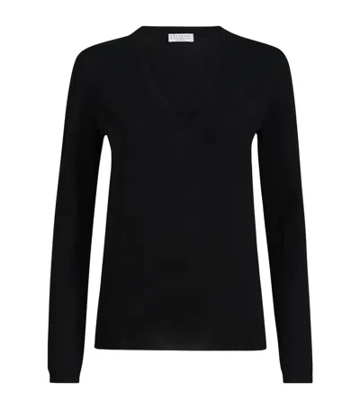 Brunello Cucinelli Cashmere-silk-blend V-neck Sweater In Black
