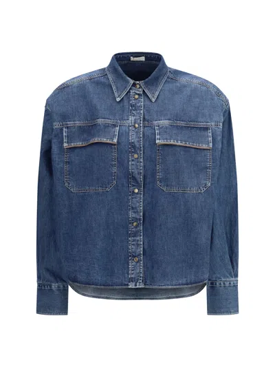 Brunello Cucinelli Chain-embellished Cotton Denim Denim Shirt In Blue
