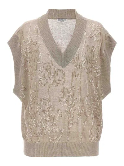 Brunello Cucinelli Sequin-embellished Knitted Vest In Cream