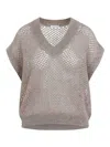 Brunello Cucinelli Openwork Knit Design Vest With Sequins In Neutral