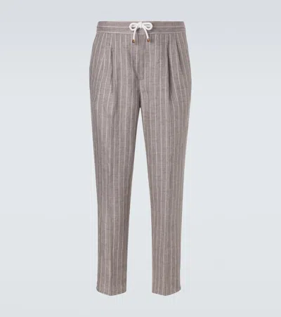 Brunello Cucinelli Chalk Stripe Linen Twill Tapered Pants In Gray