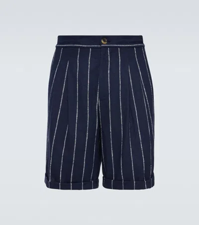 Brunello Cucinelli 亚麻、羊毛与真丝混纺粉笔条纹短裤 In Blue