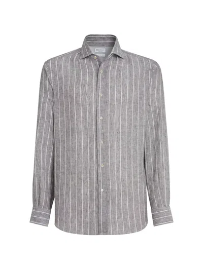 Brunello Cucinelli Chalk Stripe Pointed-collar Shirt In Multi