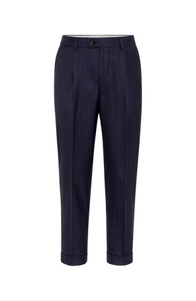 Brunello Cucinelli Chalk Stripe Trousers In Navy Blue