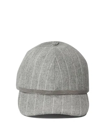 Brunello Cucinelli Chalkstripe Flannel Cap With Shiny Band Hats Grey