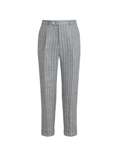 Brunello Cucinelli Chalk-stripe Linen Twill Trousers With Pleat In Gray