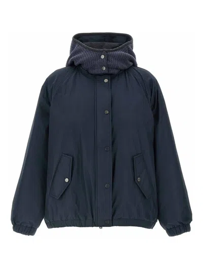 Brunello Cucinelli Knitted Hooded Down Jacket In Blue
