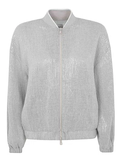 Brunello Cucinelli Sequined Linen-blend Bomber Jacket In Grey