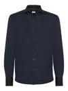 Brunello Cucinelli Men Silk And Cotton Jersey Shirt With Spread Collar In Blue