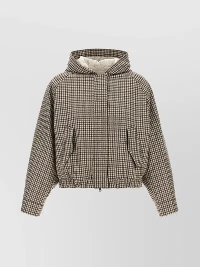 Brunello Cucinelli Check Hooded Jacket With Shiny Zipper Pull In Brown