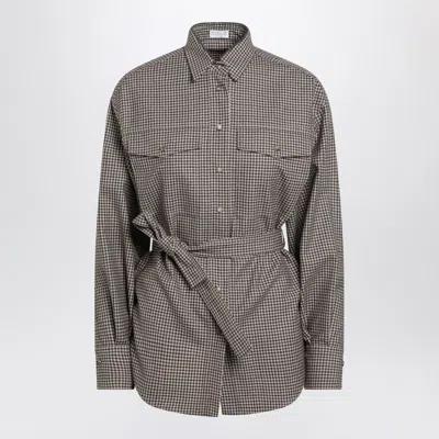 BRUNELLO CUCINELLI CHECK-PATTERN SHIRT WITH BELT AND SHINY COLLAR DETAIL