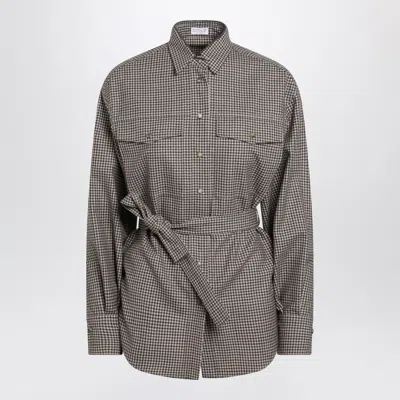 BRUNELLO CUCINELLI BRUNELLO CUCINELLI CHECK PATTERN SHIRT WITH BELT AND SHINY COLLAR DETAIL