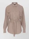 Brunello Cucinelli Check Shirt With Belted Waist And Pockets In Neutral