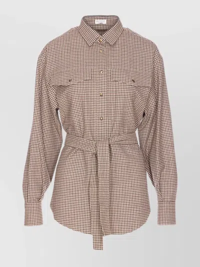 BRUNELLO CUCINELLI CHECK SHIRT WITH BELTED WAIST AND POCKETS