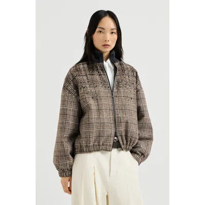 Brunello Cucinelli Checked Alpaca And Wool Bomber Jacket With Dazzling Degradé Embroidery And Thermo In Brown