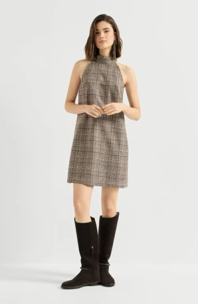 Brunello Cucinelli Checked Alpaca And Wool Dress With Monili In Brown