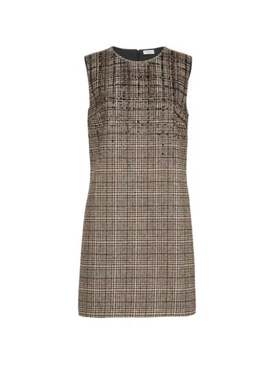 Brunello Cucinelli Checked Alpaca And Wool Mini Dress With Dazzling Degradé-embroidery In Neutral