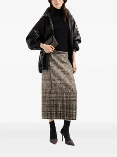 Brunello Cucinelli Checked Alpaca And Wool Pencil Skirt With Dazzling Degradé Embroidery In Brown