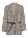 Brunello Cucinelli Checked Belted Blazer In Gray