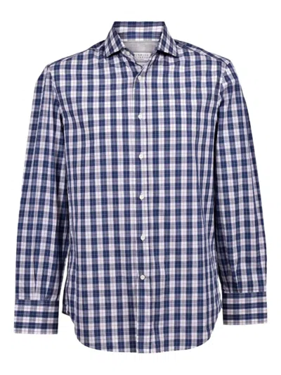 Brunello Cucinelli Checked Cotton Shirt In Blue