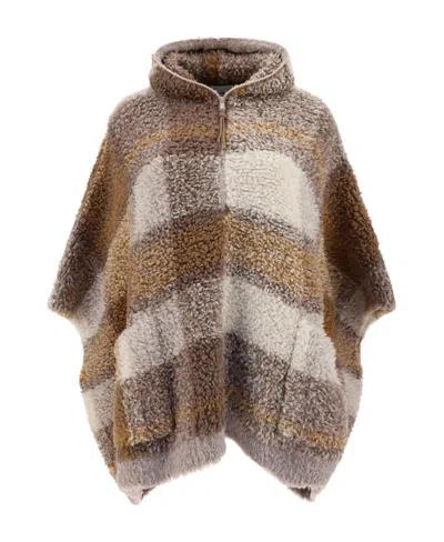 Brunello Cucinelli Checked Hooded Cloak In Brown