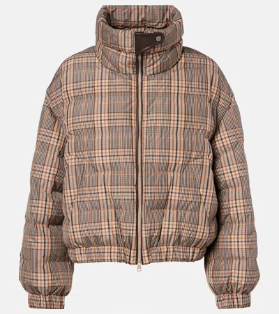 Brunello Cucinelli Checked Leather-trimmed Down Jacket In Brown