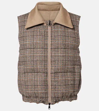 Brunello Cucinelli Checked Leather-trimmed Down Vest In Brown