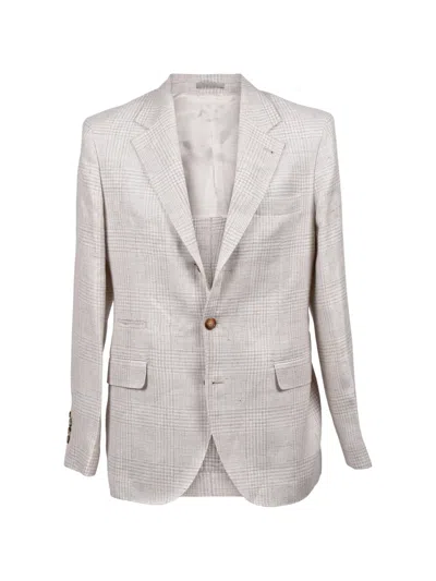 Brunello Cucinelli Checked Linen-blend Suit In Neutral