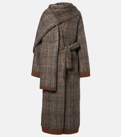 Brunello Cucinelli Mohair And Wool Prince-of-wales Double-knit Coat With Scarf In Green