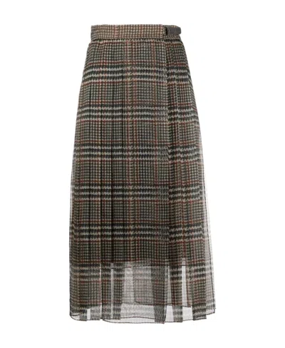 Brunello Cucinelli Checked Pleated Midi Skirt In Multi