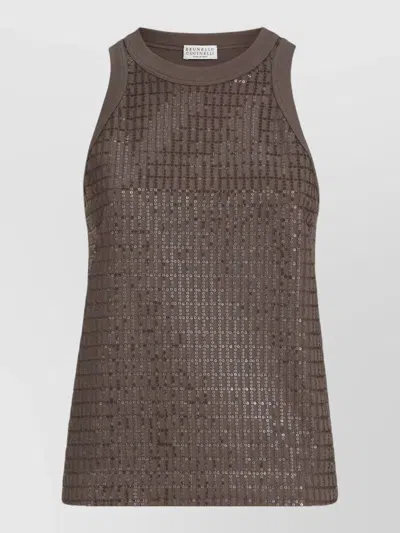 Brunello Cucinelli Checked Sequin Racerback Tank Top Embroidery In Brown