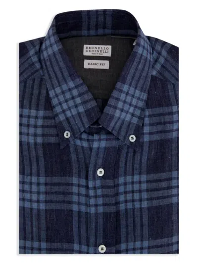 Brunello Cucinelli Checked Shirt In Blue