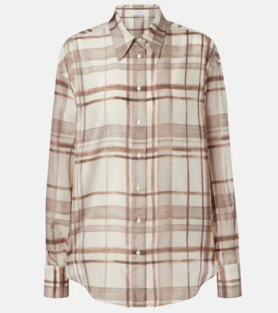 Brunello Cucinelli Checked Silk-satin Shirt In Brown