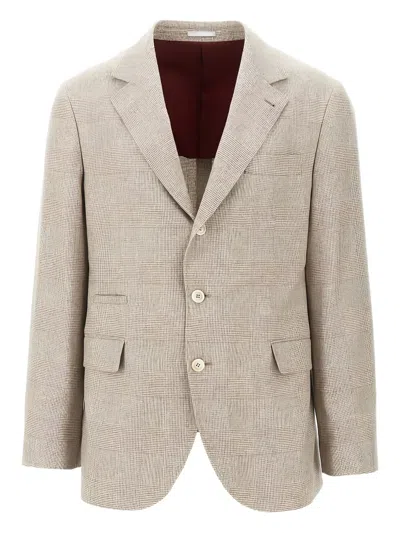 Brunello Cucinelli Prince Of Wales Single-breasted Jacket In Neutral