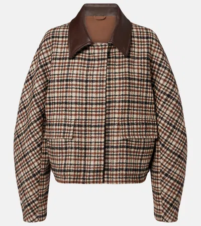 Brunello Cucinelli Comfort Checked Wool And Alpaca Outerwear Jacket With Leather-collar And Monili In Multi