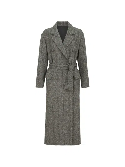 Brunello Cucinelli Techno Alpaca Check Tweed Coat With Monili In Gray