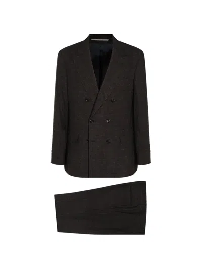Brunello Cucinelli Check-pattern Double-breasted Suit In Brown